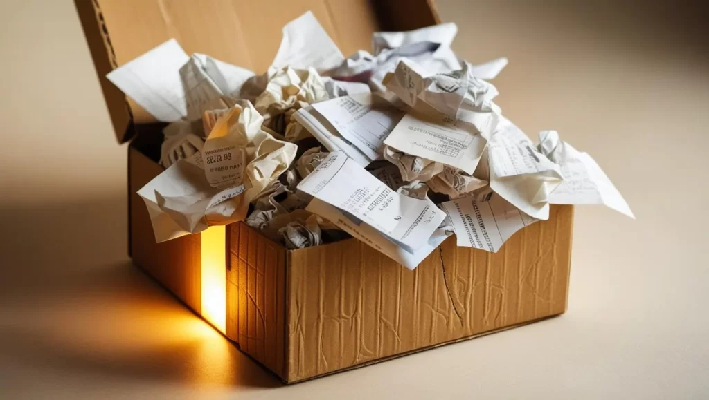 shoebox overflowing with business receipts