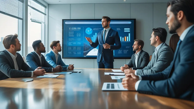 informed business owner giving a presentation to investors using accurate and clean financial reports provided by his bookkeeper