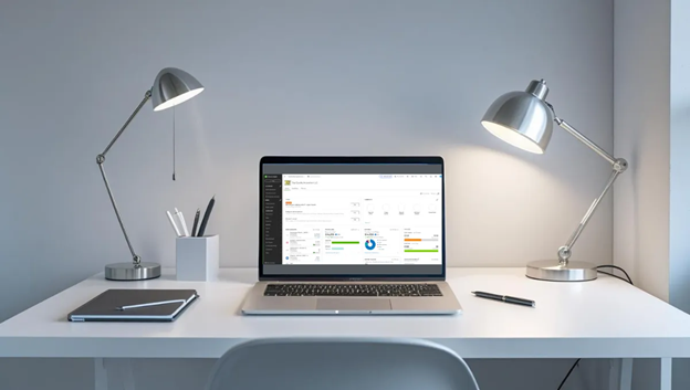 A look at the clean cloud-based dashboard provided by QuickBooks Online on a small business owner's laptop