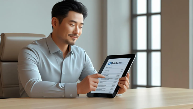 relaxed business owner looking at QuickBooks Online financial reports on his tablet