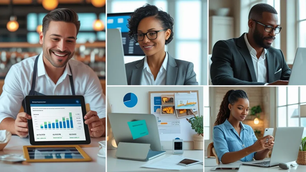 several different types of business owners handling bookkeeping in their own ways using a proven bookkeeping system