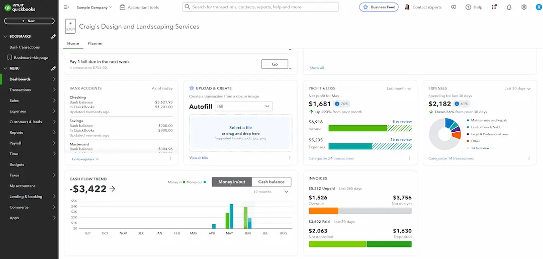 image of the dashboard in QuickBooks Online bookkeeping software showing a startup business's financials like Cash Flow and Profit & Loss