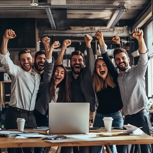 image of a successful business startup team celebrating their success achieved with smart financial decisions