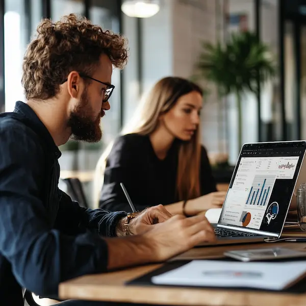 photo of modern startup founders using bookkeeping software on laptops